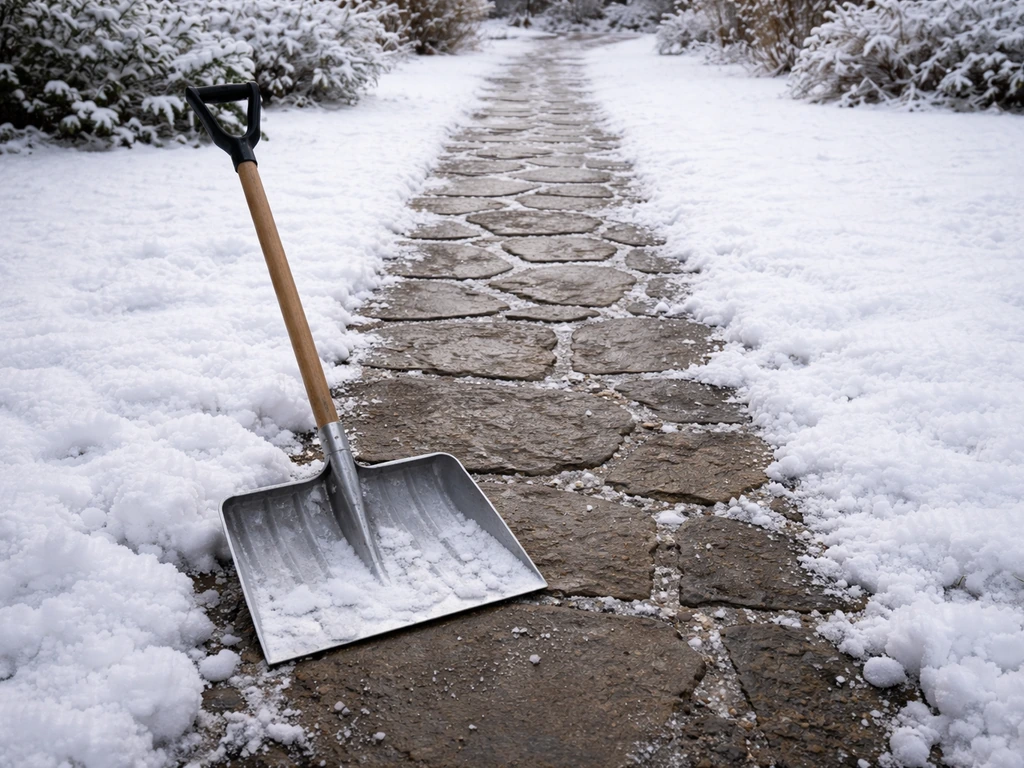 Allée de jardin dégagée à la pelle à neige, pelouse enneigée intacte de chaque côté.
