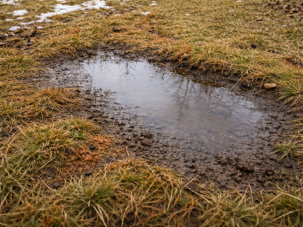 Flaque stagnante près d’une zone basse du gazon, brins jaunis/orangés après la fonte