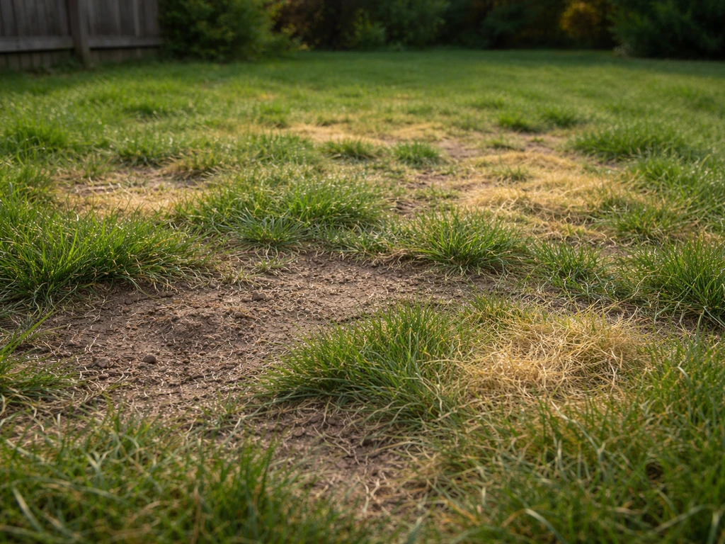 Gazon abîmé avec plaques nues, herbe clairsemée et zones jaunies dans un jardin.