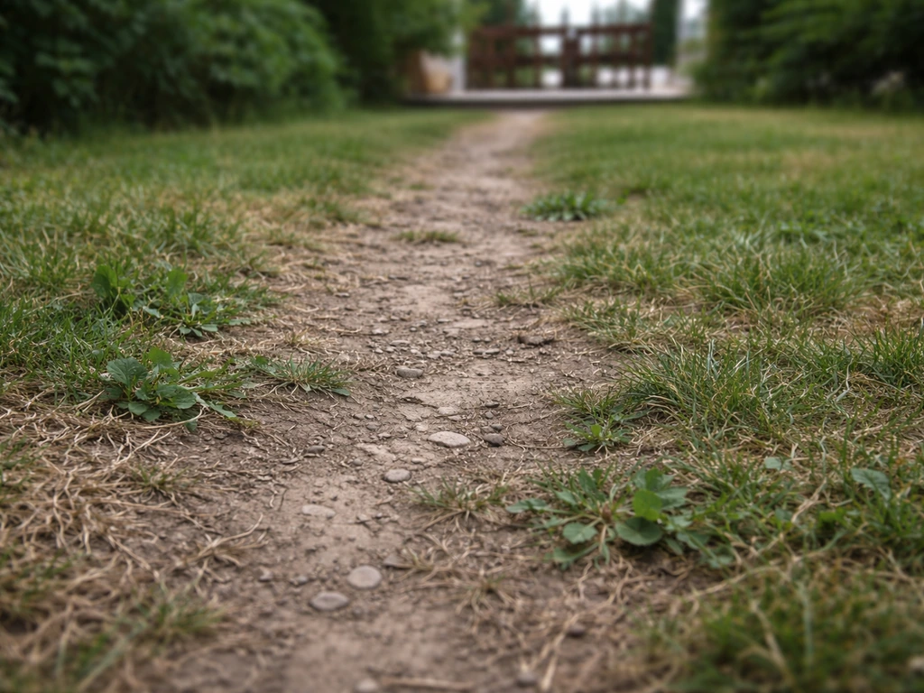 Sentier de jardin avec herbe piétinée et sol compacté près d’une terrasse, quelques herbes indésirables.