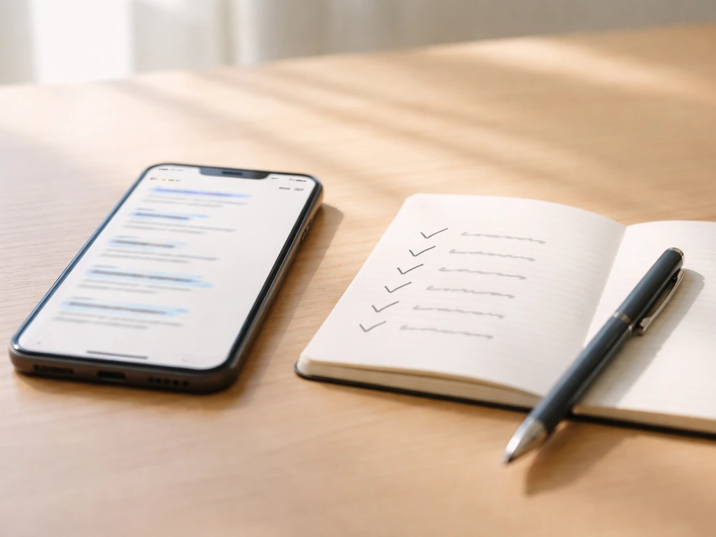 Minimal iPhone showing search results and a handwritten checklist beside it for verifying audio/lyrics context