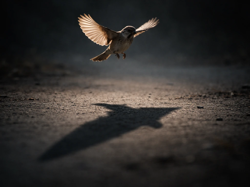 A small bird in flight above a dark shadowy blade-like silhouette on the ground.