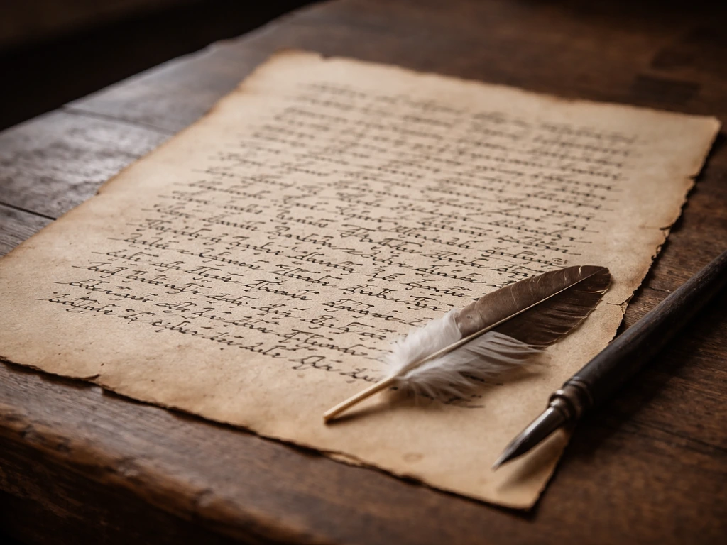 Close-up of handwritten Basque poem pages on a wooden desk with an empty bird-feather quill.
