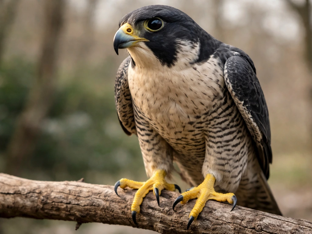 Close-up of a falcon’s hooked beak and taloned feet perched in natural light