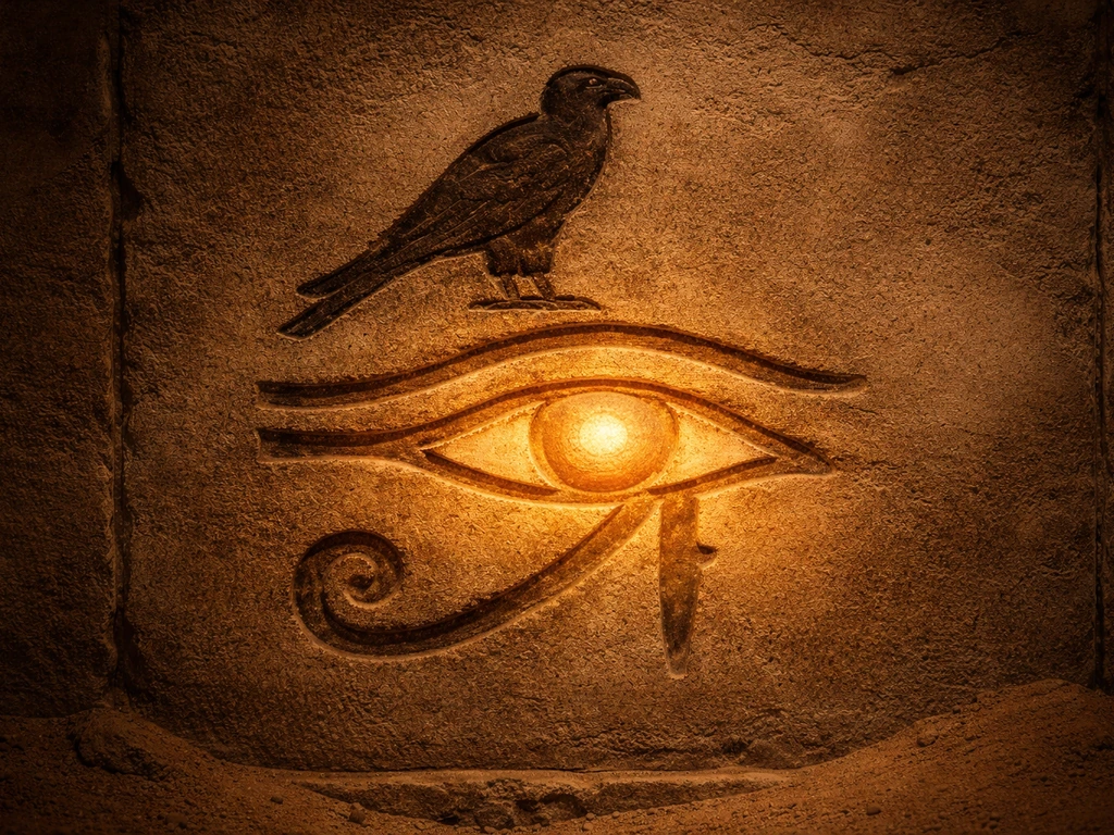 A minimal Eye of Horus motif with a falcon silhouette against a dark, warm background