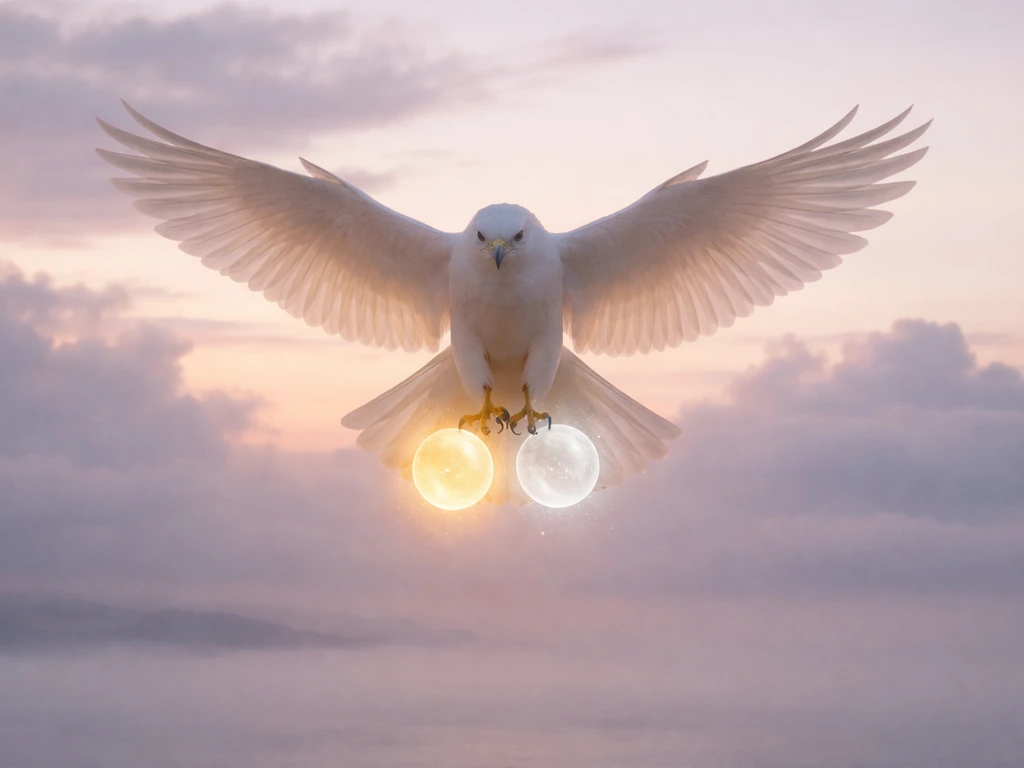 A white falcon descending through dawn clouds holding the sun and moon as glowing orbs.