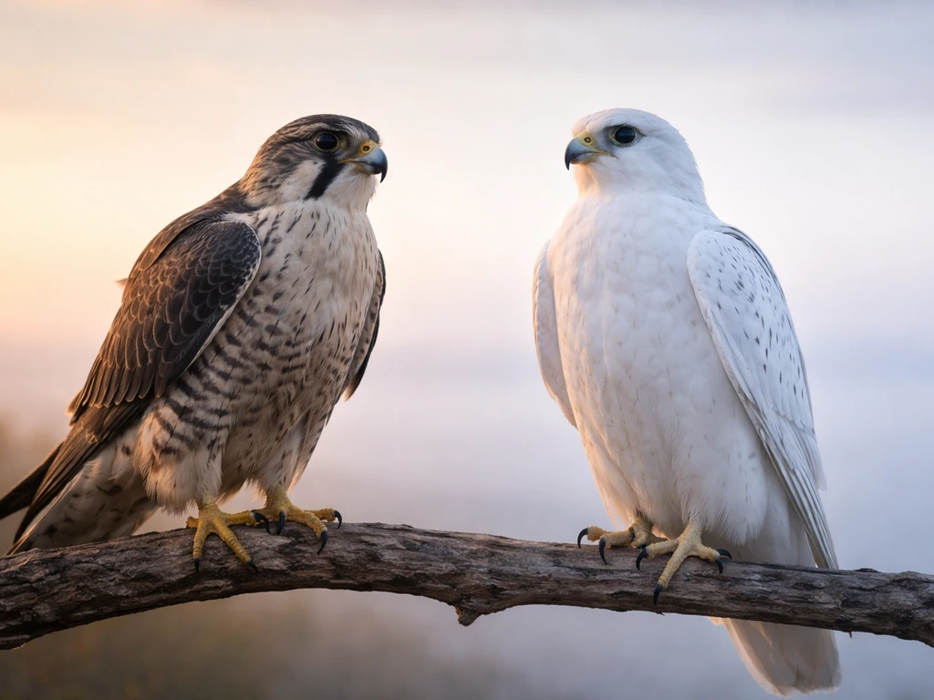 Two falcons perched side by side: a brown/grey falcon and a white falcon, symbolizing different energy and purity