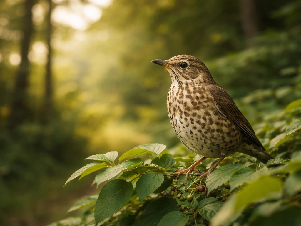 A realistic thrush bird perched on a hedgerow branch in soft forest light, calm and symbolic mood.