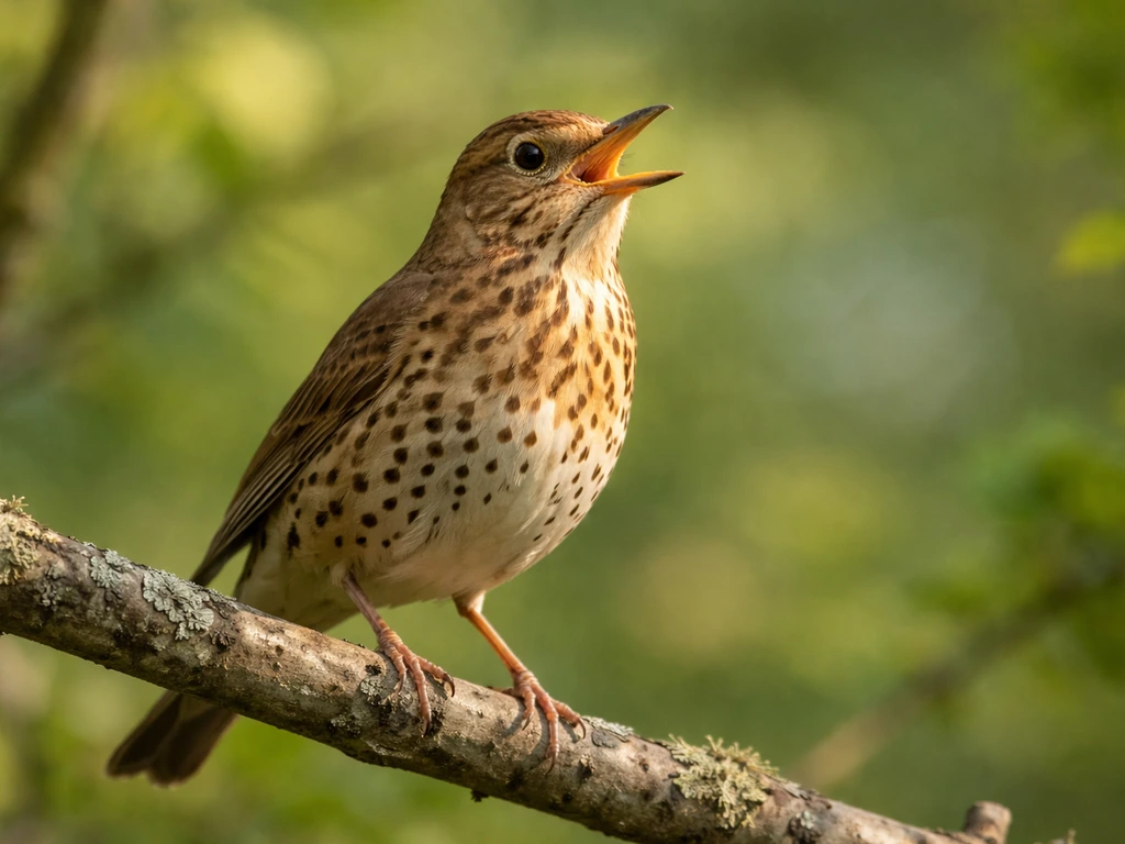 A song thrush perched on a branch with its beak open as if singing.