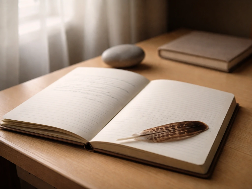 Minimal desk scene with a dream journal open and a small thrush feather resting beside it.
