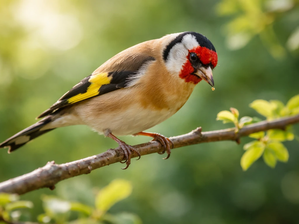A single goldfinch perched outdoors with bright plumage, foraging on a thin branch
