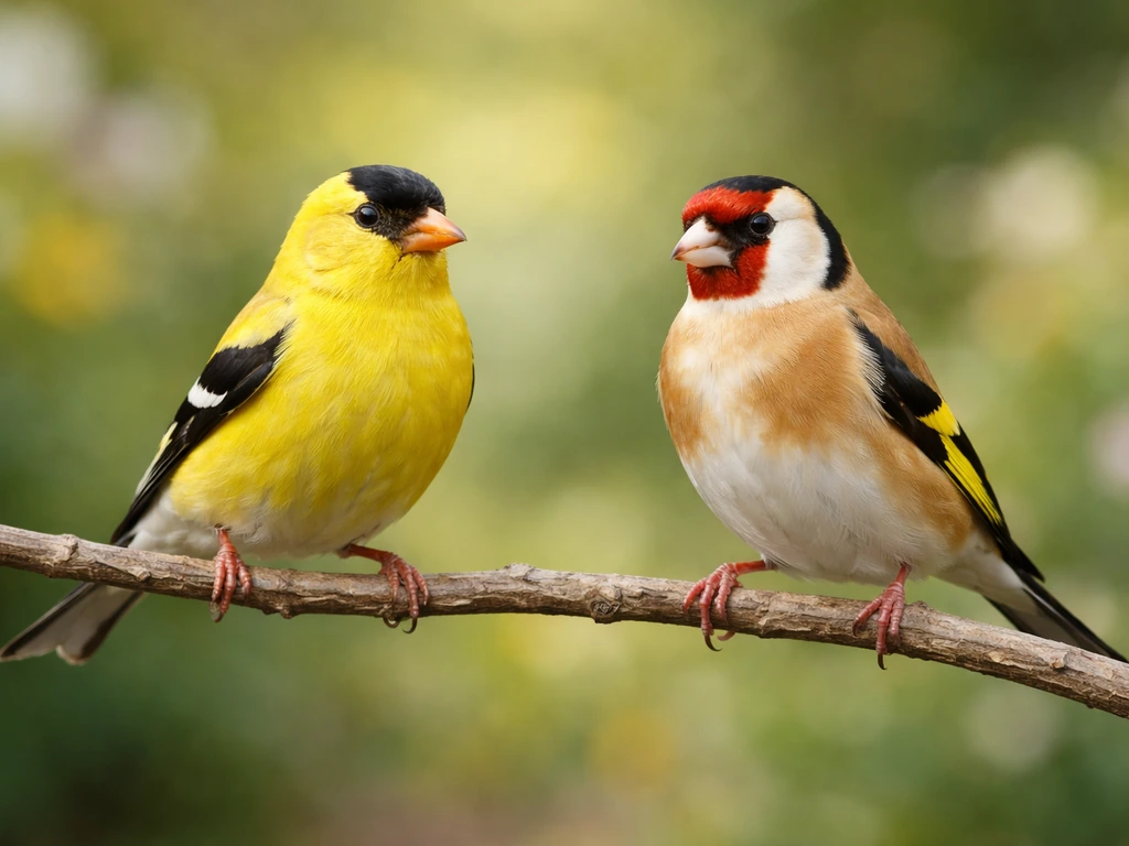 Two goldfinch birds of different types perched side-by-side on a twig in natural light.