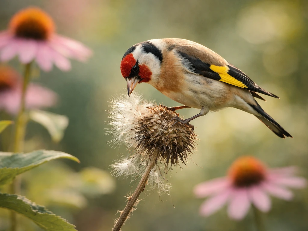 A goldfinch foraging on a thistle seed head in a garden with coneflowers in the background.