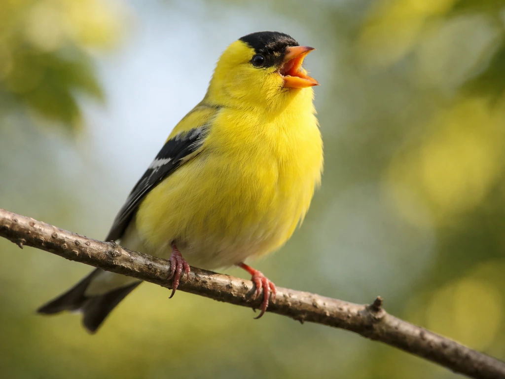 American goldfinch perched on a branch, beak open as if singing, with a soft leafy background.