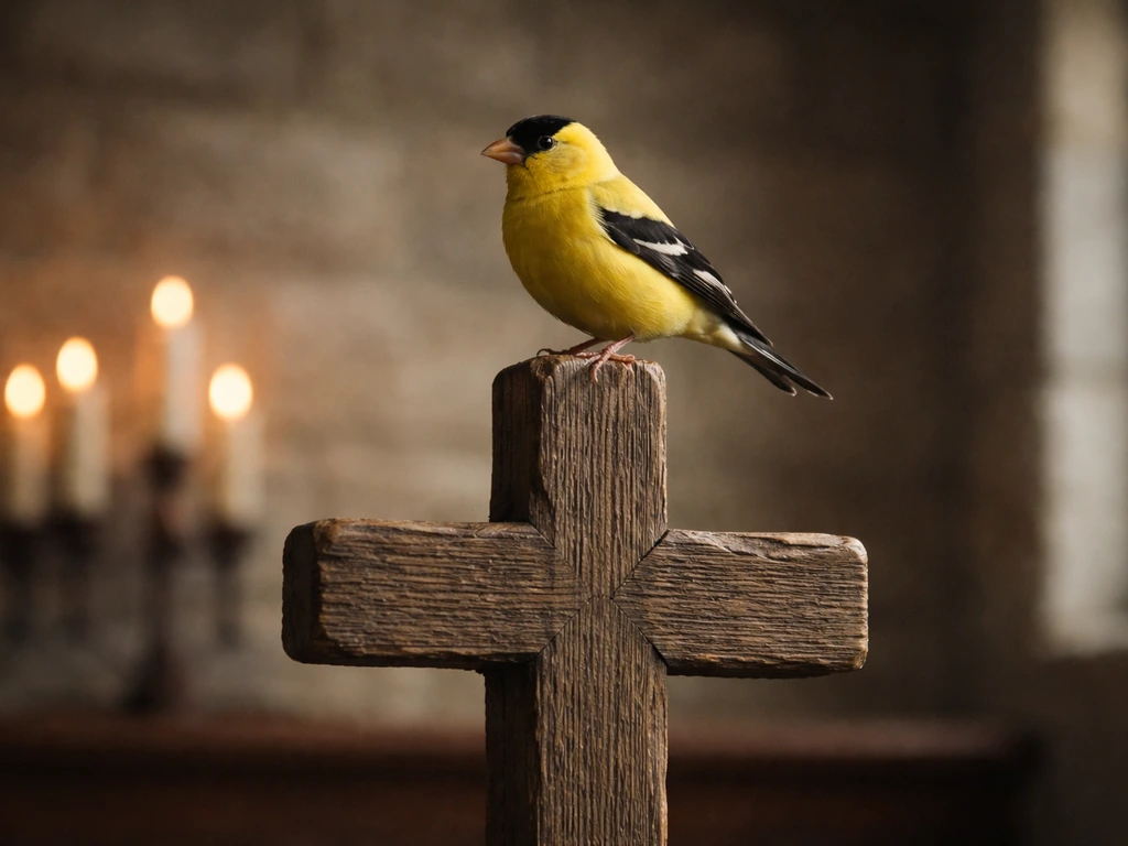 Goldfinch perched on a carved wooden devotional cross, softly lit in warm church-like interior