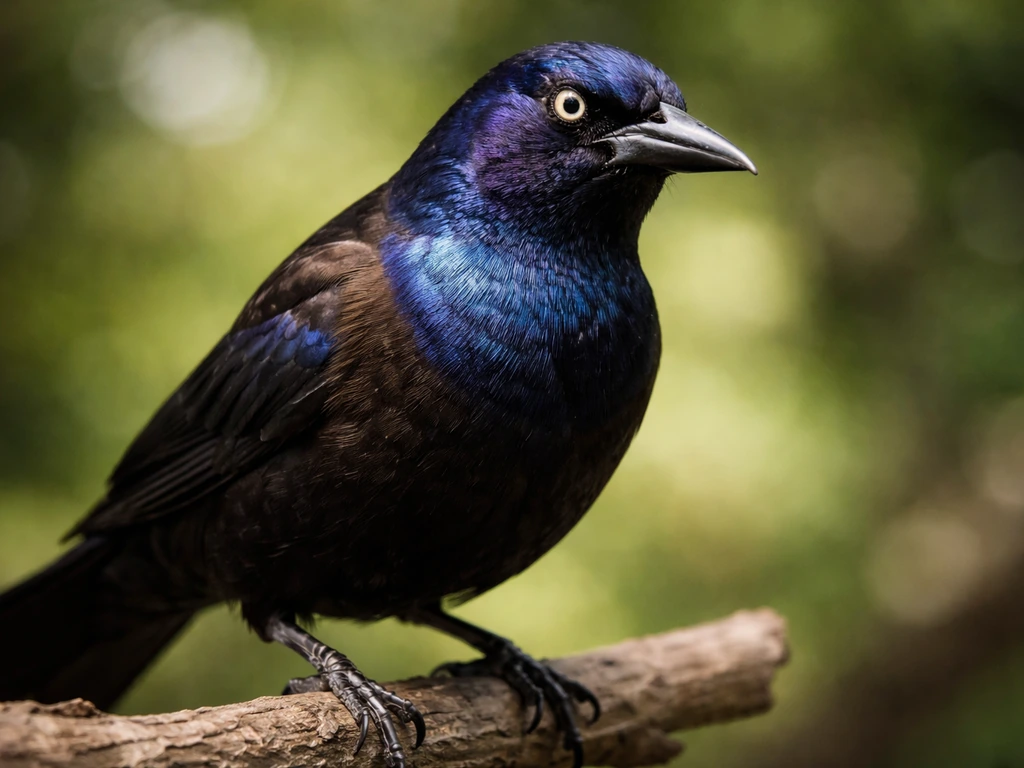 Close-up of a grackle perched outdoors, showing iridescent feathers and an alert eye.