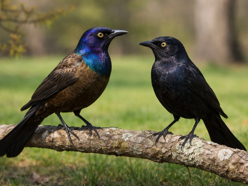 Two perched blackbirds side by side showing grackle-like iridescent head and long dark tail.
