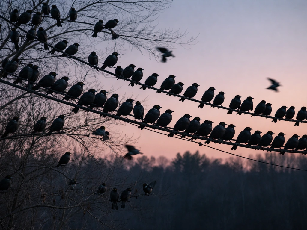 Dozens of grackles gathering and roosting on bare trees and utility wires at dusk.