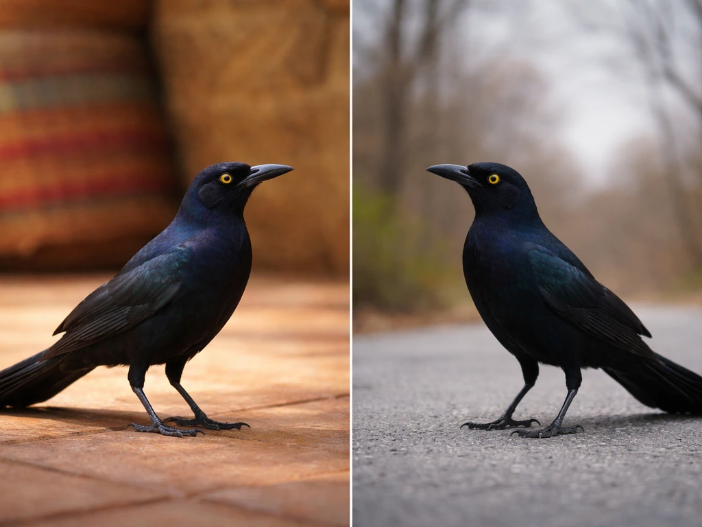Great-tailed grackle on the ground between two regional background cues, warm Mexican tones vs cool North American tones