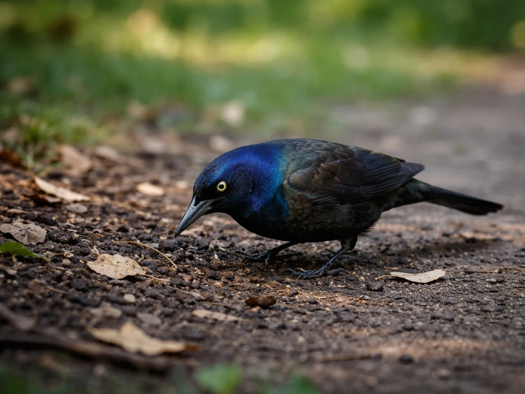A grackle foraging on the ground at the edge of a quiet yard/park