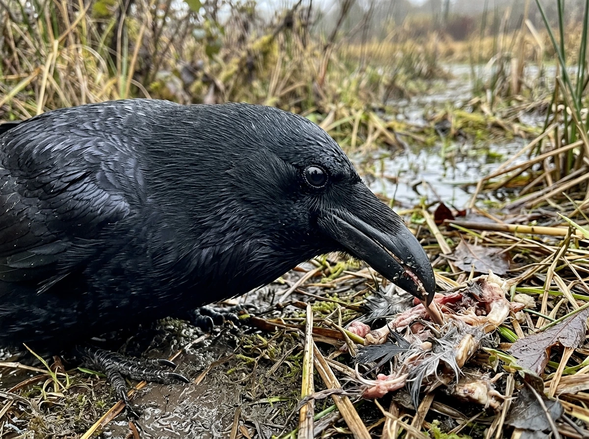 Close-up of a raven foraging, showing why the bird draws symbolic attention