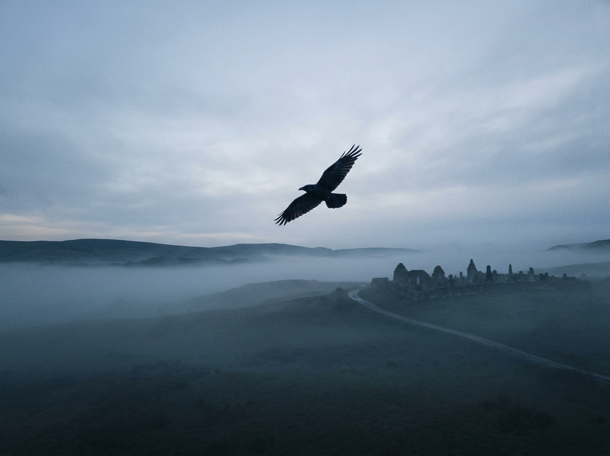 Raven flying at dusk over a misty landscape, symbolizing death associations