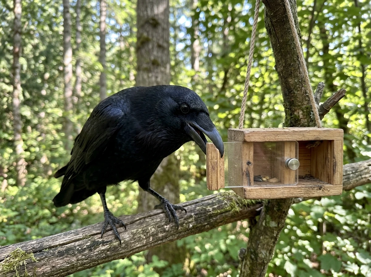 Raven interacting with a treat puzzle feeder, showing intelligence