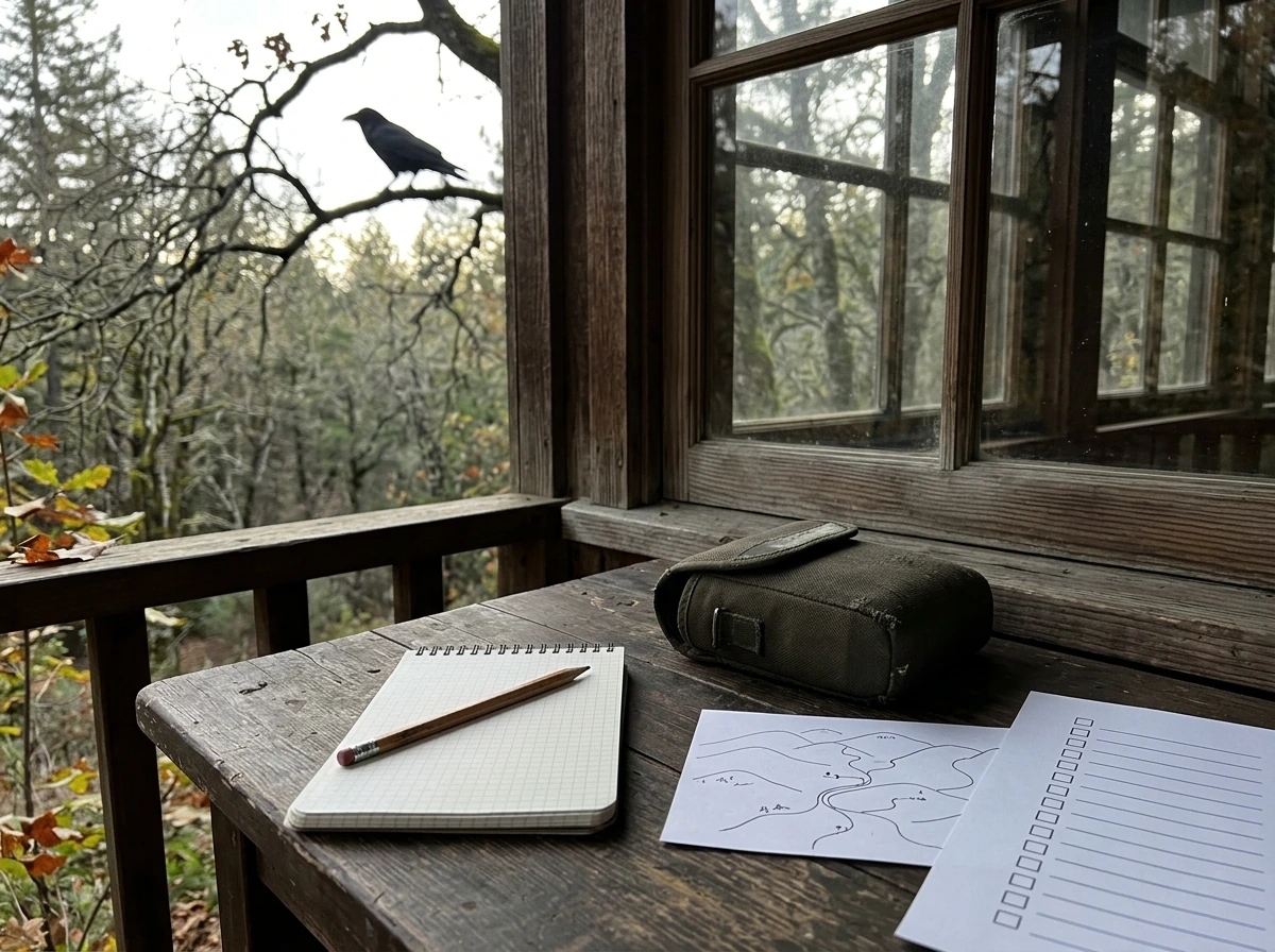 Notebook and tools arranged to record a raven sighting immediately