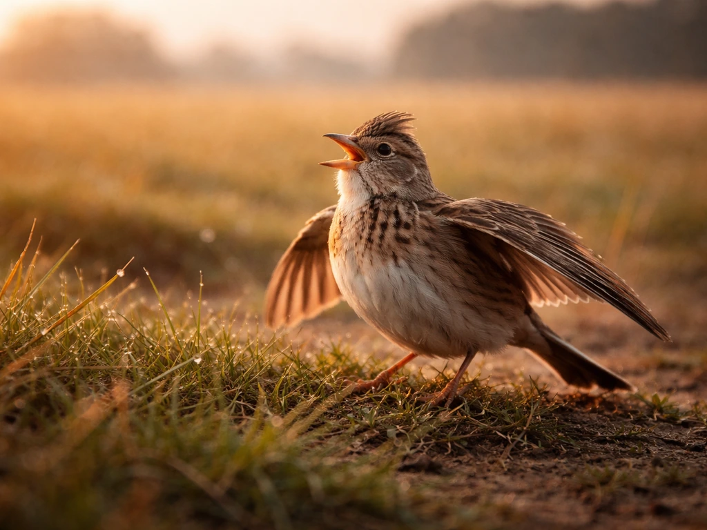 Close-up of a lark bird singing at sunrise with wings partly spread over grass.