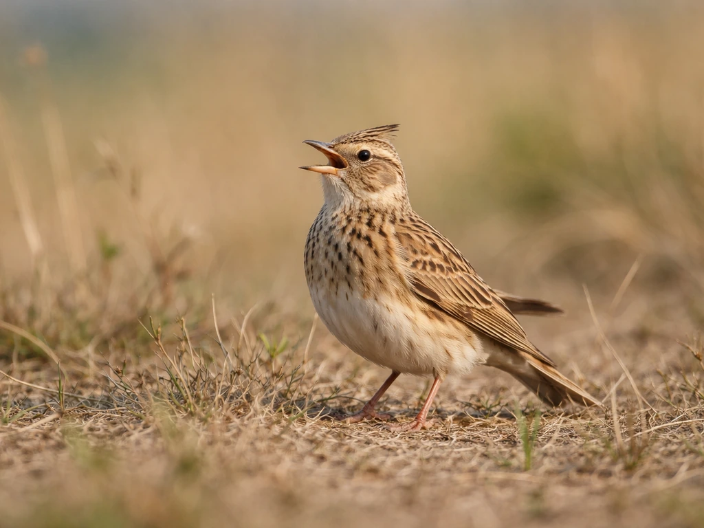 Small lark bird perched in short grass on the ground, upright as if singing.