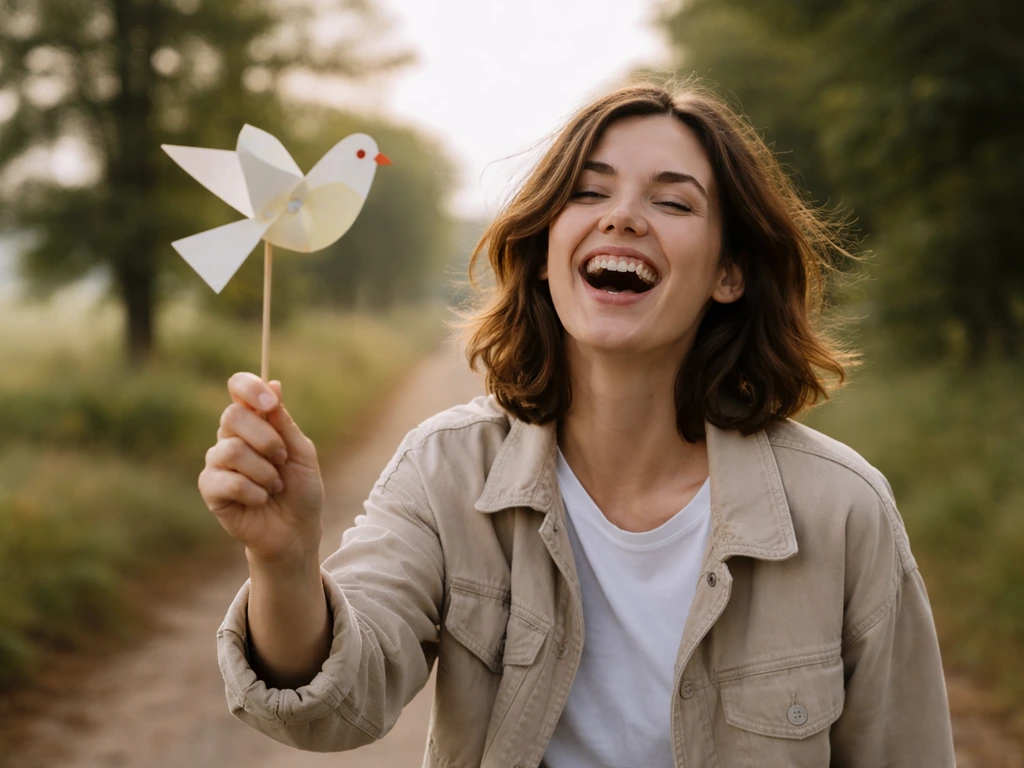 Casual person outdoors in morning light playfully spinning a bird-shaped pinwheel on a quiet lane.