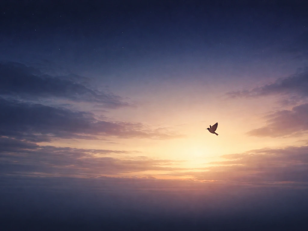 Night clouds with soft dawn light and a distant lark silhouette symbolizing hope and renewal.