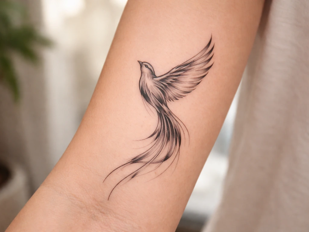 Close-up of a black-ink ascending lark tattoo on an arm in soft natural light.
