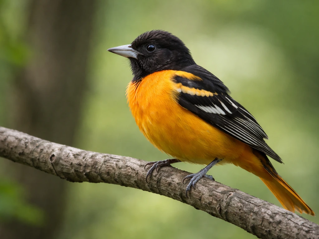 Side-on close-up of an oriole with orange-and-black plumage perched on a natural branch