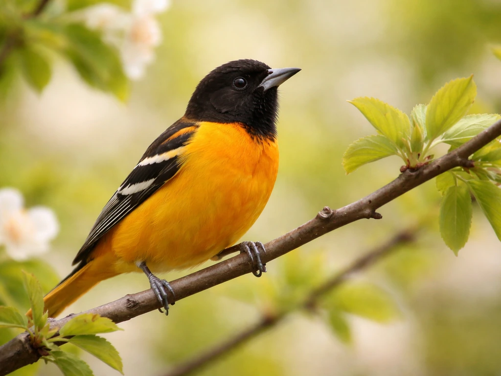 Close-up of an oriole perched on a spring branch with blossoms and green foliage behind it.