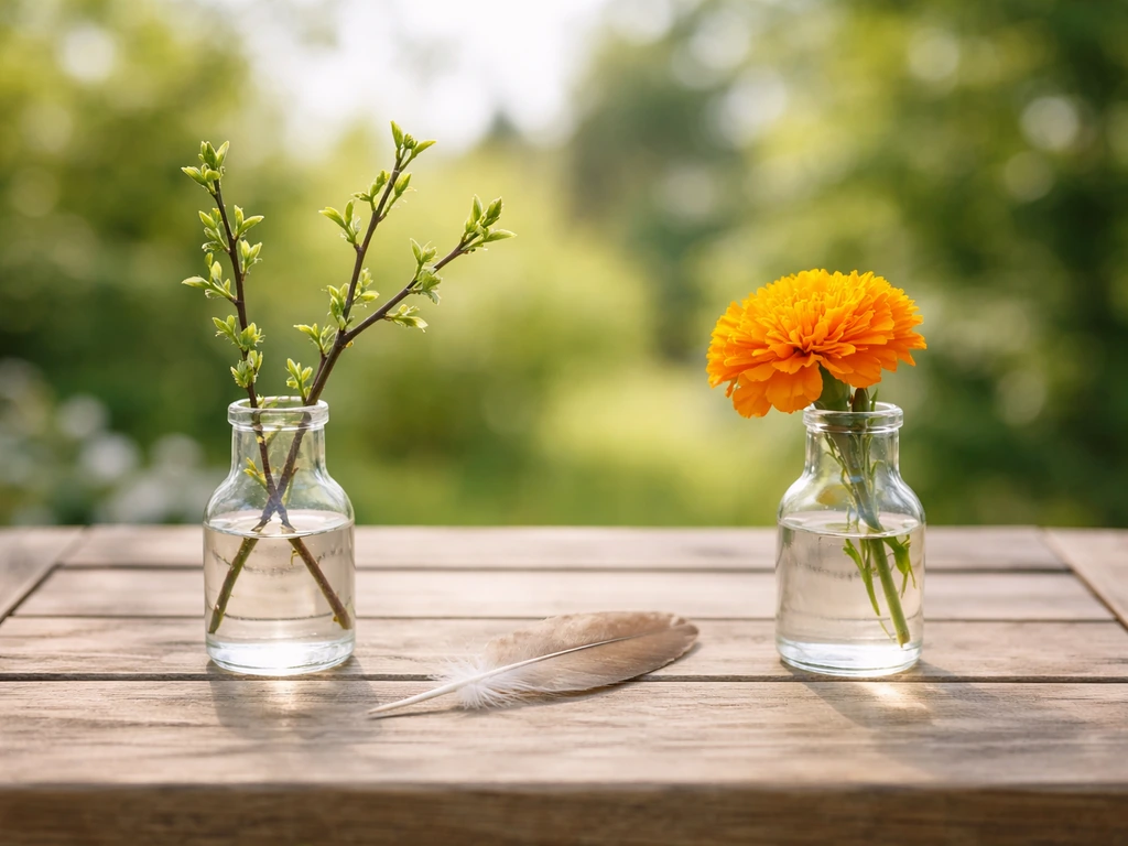 Minimal spring vs summer styled flowers in two small vases on a wooden table with a single feather.