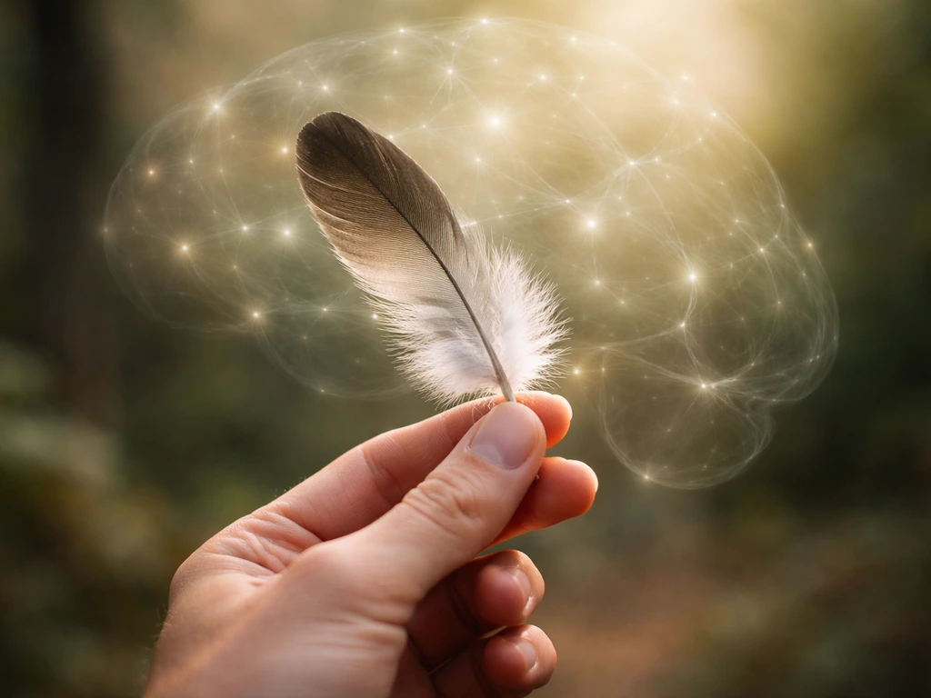 Hand holding a single feather with soft, abstract brain-like pattern light behind it, conveying meaningful connection.