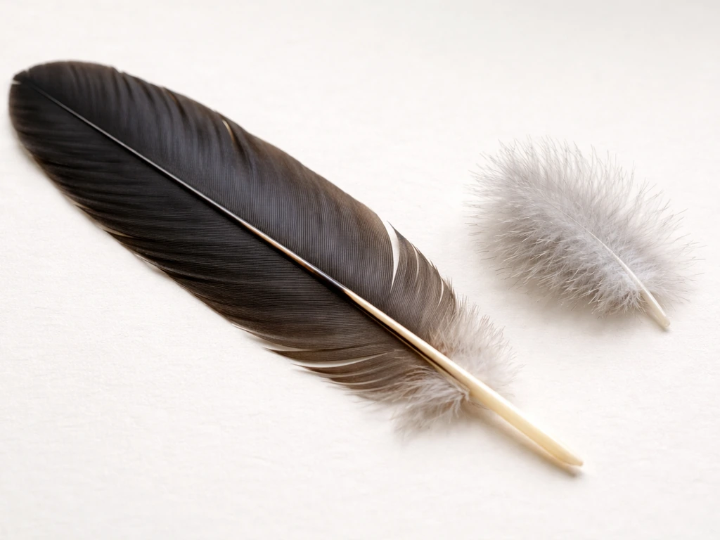 Close-up comparison of a large flight feather and a small downy feather on a clean surface.