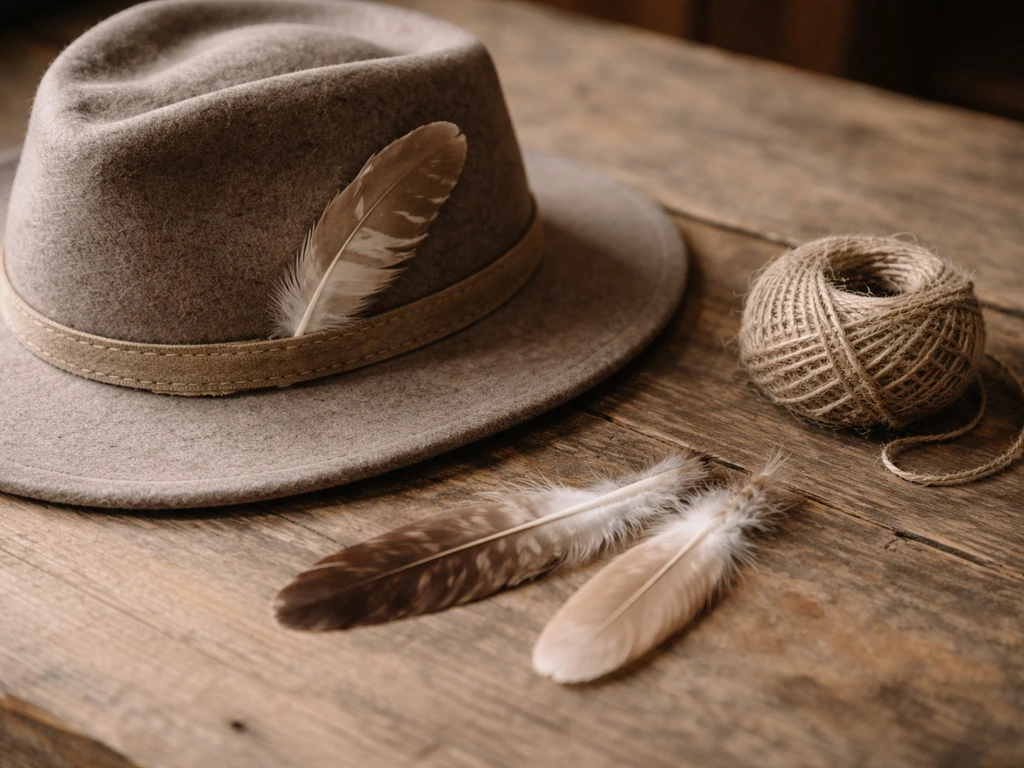 Close-up of a small feather tucked into a craft hat with other feathers on a rustic wooden table