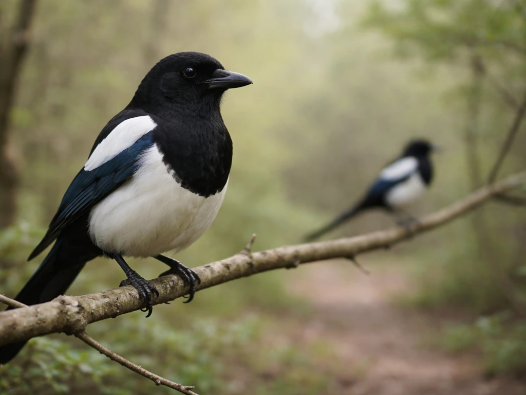 Close-up magpie perched on a branch in a quiet forest edge, with a slightly blurred second magpie behind.
