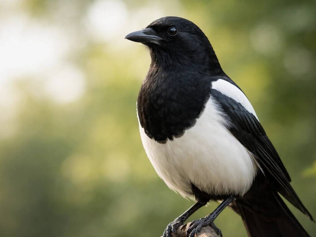 Close-up of a perched magpie showing contrasting black-and-white plumage with light and shadow balance.