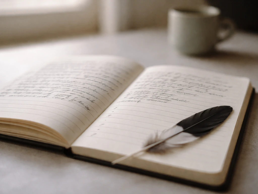 Open lined journal notebook with blank lines and a magpie feather beside handwritten notes under soft natural light.