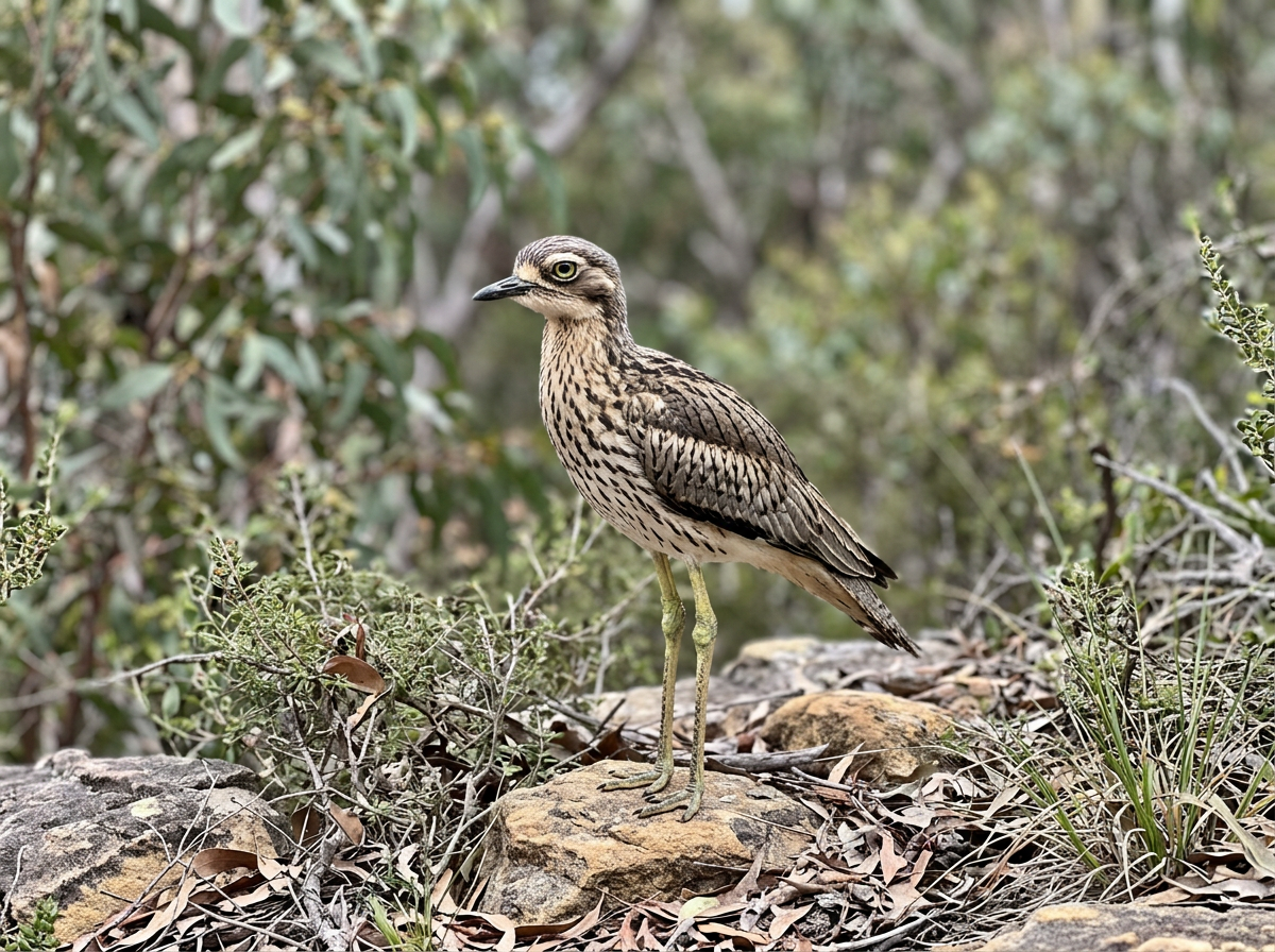 Close-up of bush stone-curlew in Australian scrub showing thick-knee features
