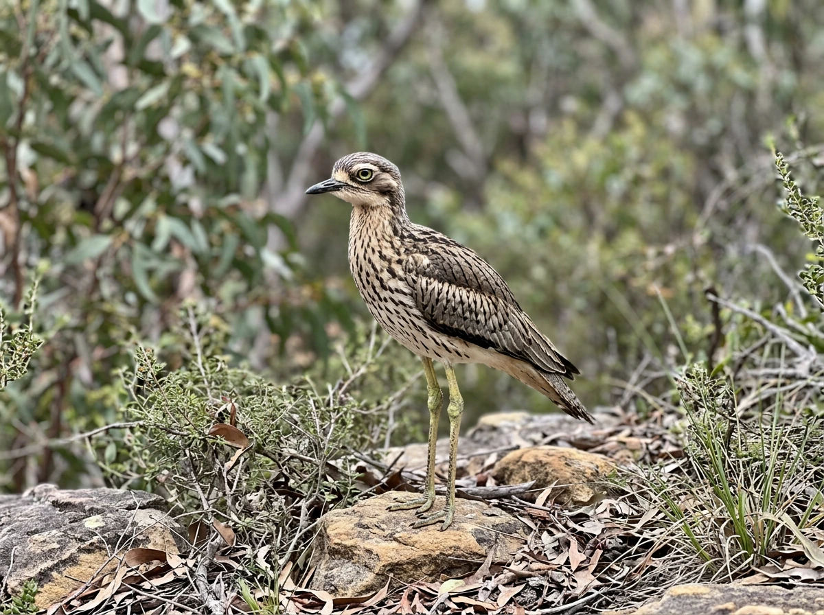 Close-up of bush stone-curlew in Australian scrub showing thick-knee features