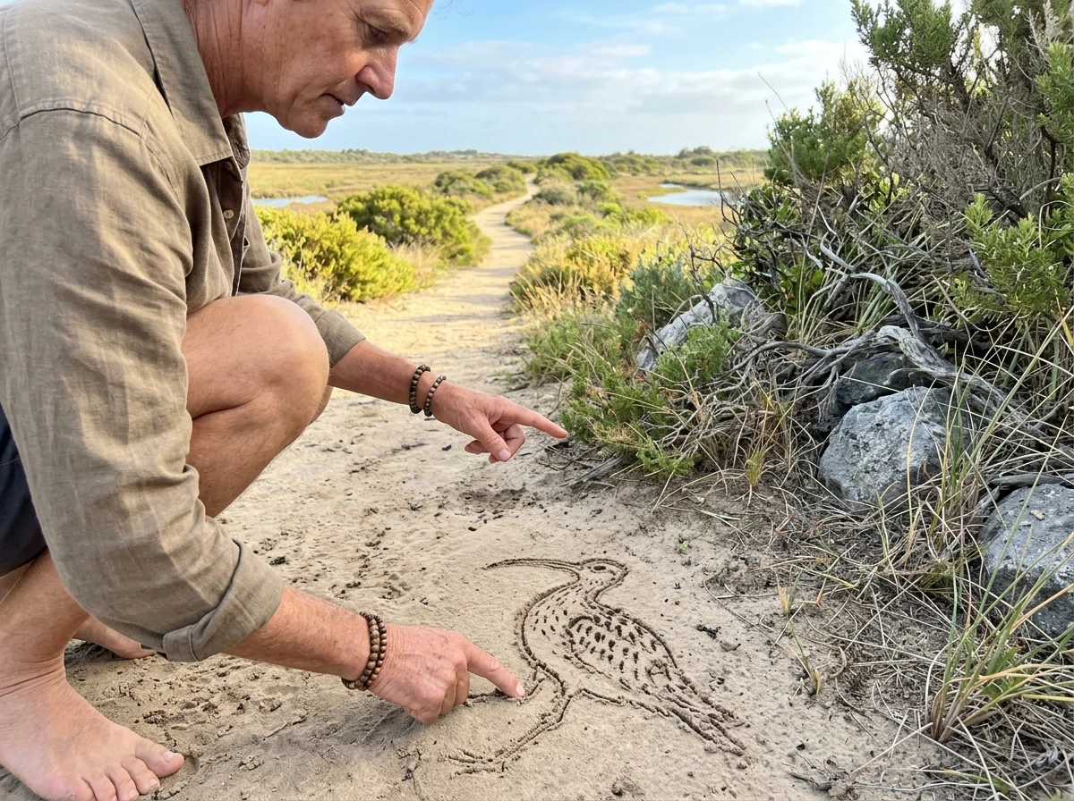 Hands drawing a curlew-like bird motif in sand beside local landscape features
