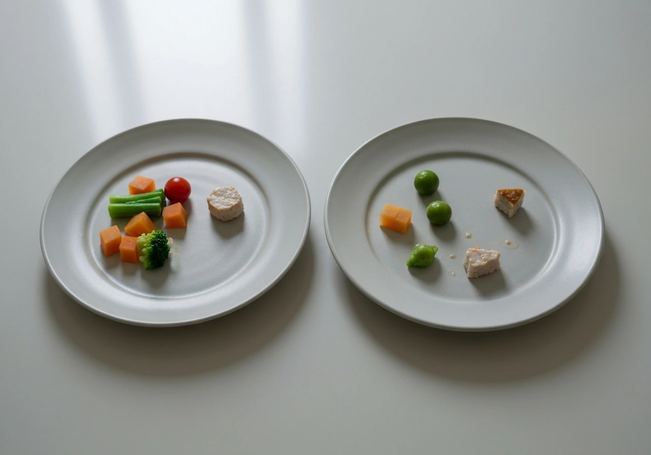 Minimal side-by-side plate scene showing small normal portions vs visibly refused food for picky eating confusion.