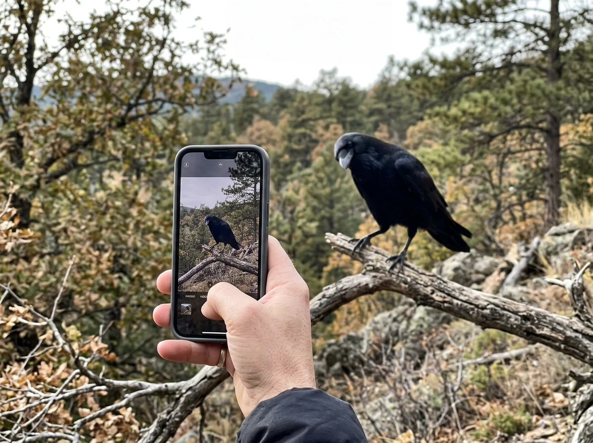 Phone photo framing a raven to observe its behavior