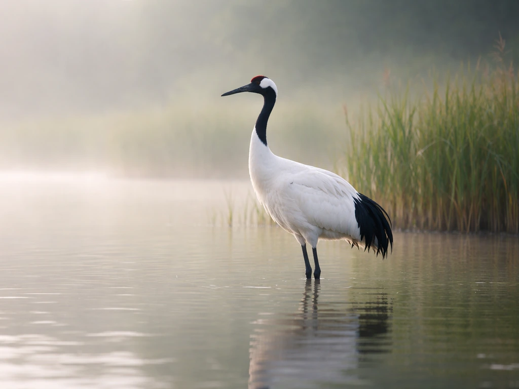 A red-crowned crane standing in shallow wetland water with reeds, misty natural light, calm and elegant.
