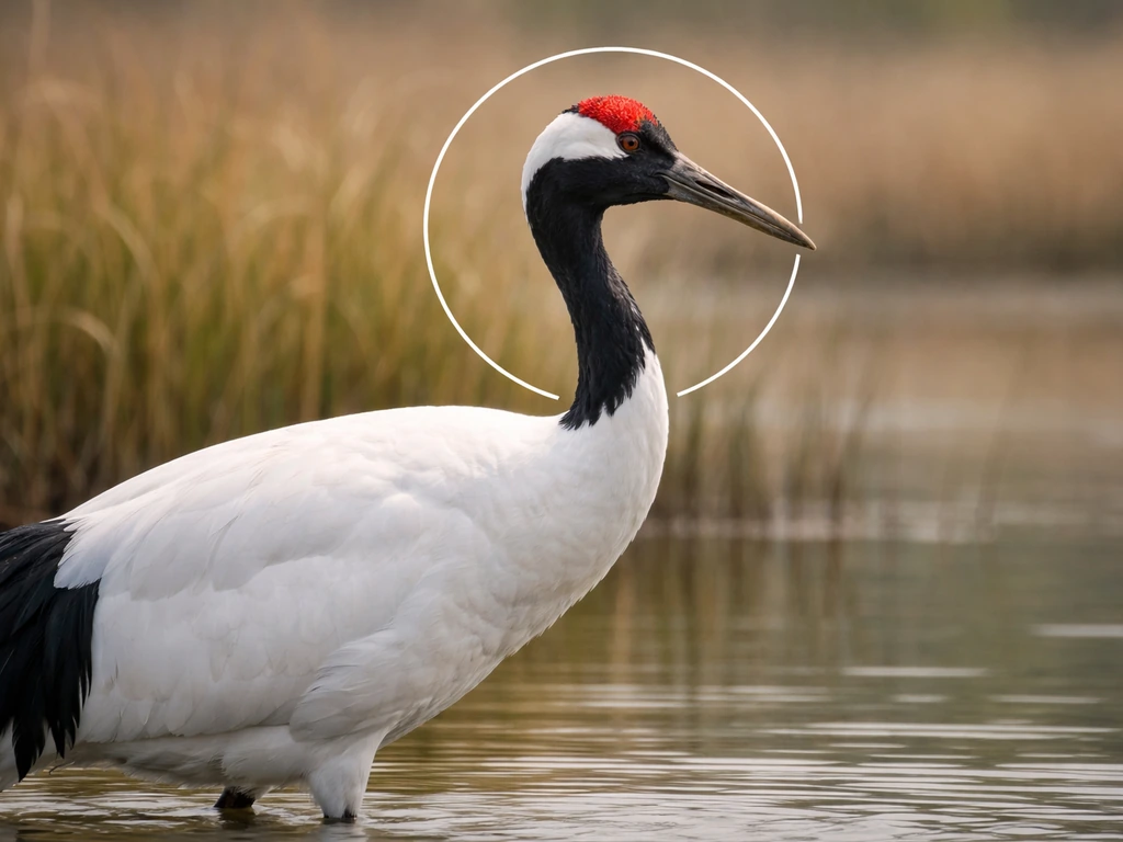 Red-crowned crane with visible red crown, white body, and black neck markings in a natural wetland setting.