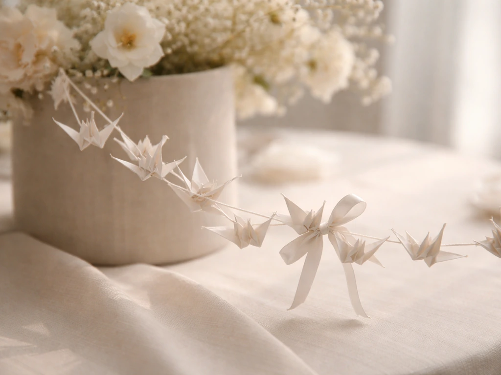 A delicate paper crane garland hangs beside a simple wedding table setting, symbolizing fidelity and marriage.